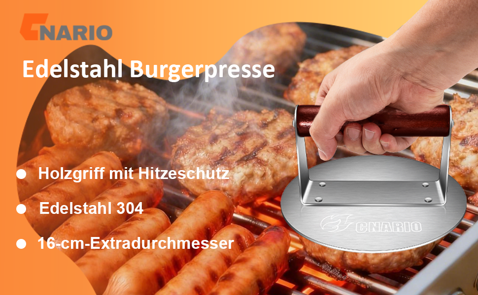 Професійна преса для smash burger CNARIO з нержавіючої сталі 16 см, пристрій для формування котлет з дерев'яною ручкою для гриля та BBQ