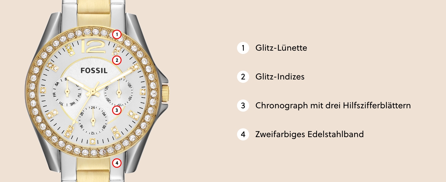 Годинник Fossil Riley для жінок: кварцовий хронограф з нержавіючої сталі або шкіряним ремінцем, золотистий колір, блискітки, 38 мм