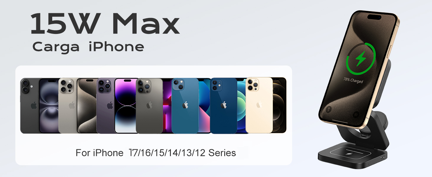 KU XIU Бездротова зарядна станція 3-в-1 MagSafe для iPhone 17/16/15/14/13/12, Apple Watch, AirPods. Складний зарядний пристрій для подорожей, чорний + адаптер