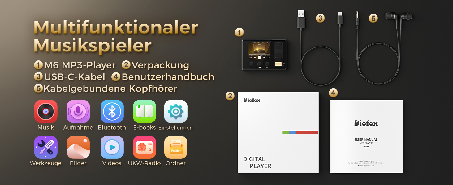 MP3 плеєр 32GB з Bluetooth 5.3, HiFi звук, для дітей, чорний. Радіо FM, підтримка TF карти до 128GB, еквалайзер, навушники в комплекті