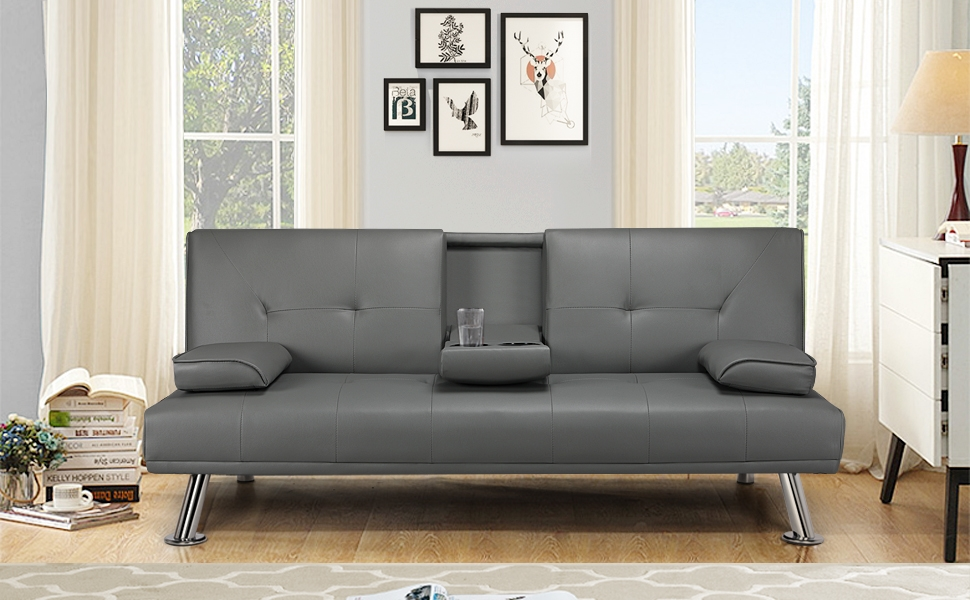 Yaheetech 3-Seater Convertible Sofa Bed with Cup Holders and Reclining Backrest