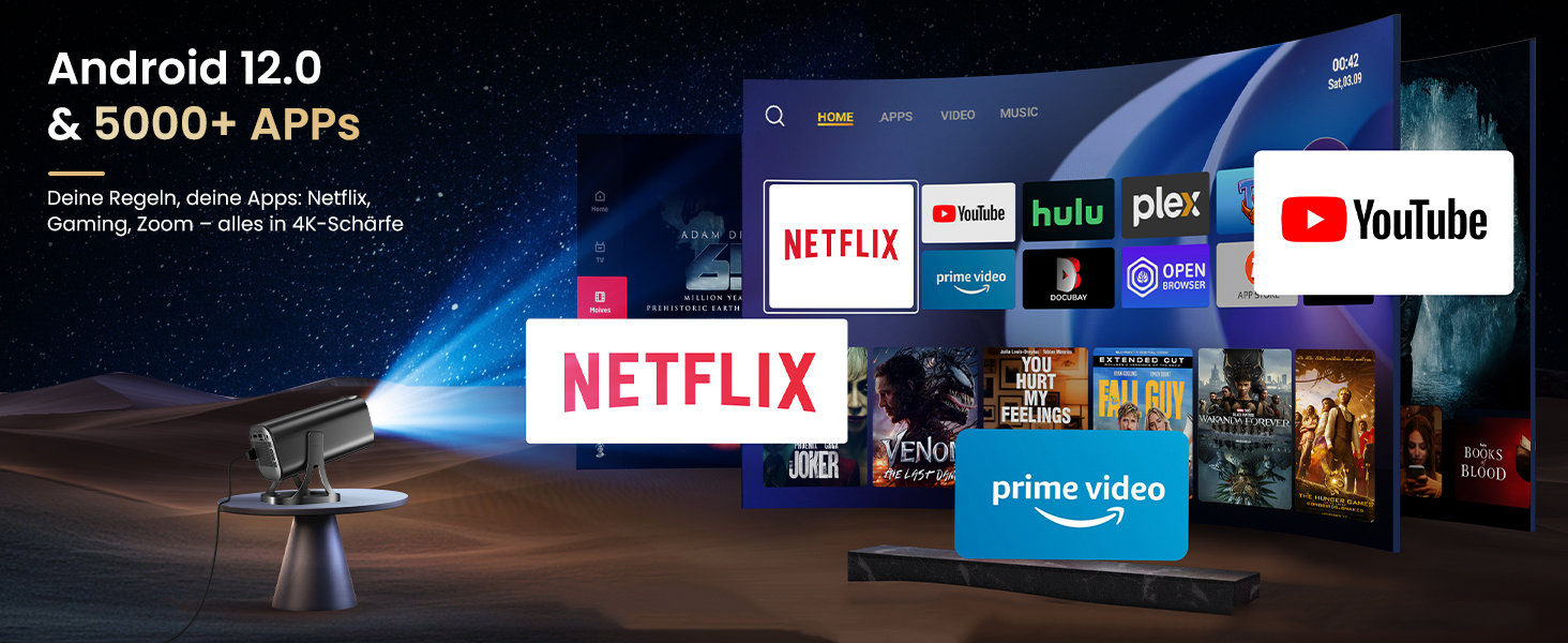 Міні проєктор Beamer 4K 1080p з Android 12.0, WiFi 6, Bluetooth 5.4, 22000 люмен, автокорекція трапецеїдальних спотворень, поворот 270°, підключення PC/HDMI/USB/TF, сірий