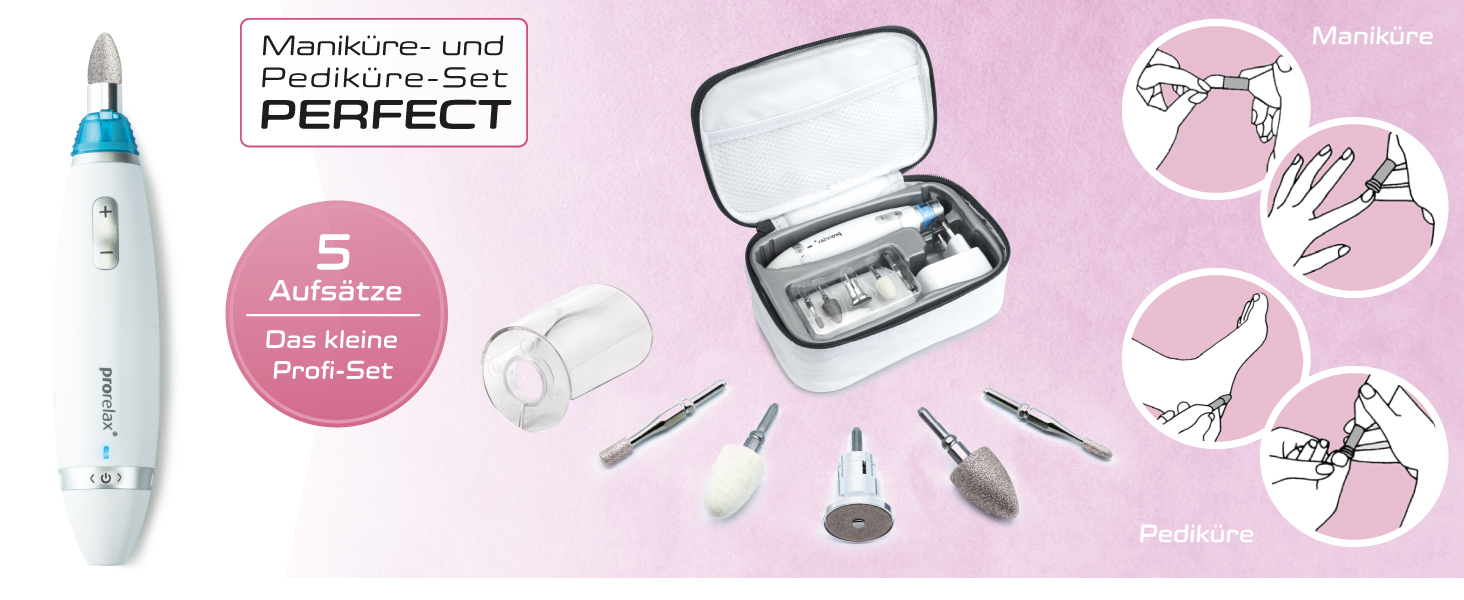 Набір для манікюру та педикюру Prorelax PERFECT | Для жінок та чоловіків | Професійний догляд за руками та ногами вдома та в дорозі | 5 високоякісних насадок з хірургічної сталі
