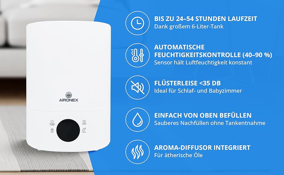 Зволожувач повітря 6 літрів – Top-Fill – з аромадіфузором – для вітальні, офісу, дитячої кімнати, спальні
