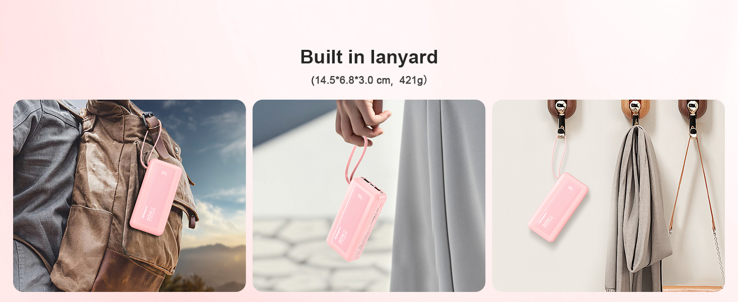Повербанк 27000mAh з 4 вбудованими кабелями, 30W Power Bank USB-C швидка зарядка з LED-дисплеєм для iPhone, Samsung, iPad та Android, рожевий