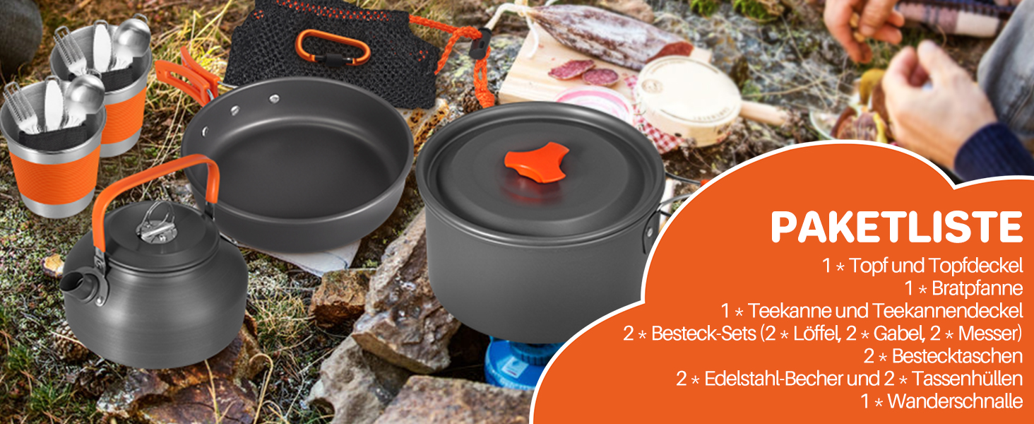 Набір посуду для кемпінгу Funykich 17 предметів: каструлі, сковорідки, чашки, столові прибори. Підходить для 2 осіб, пікніків, походів.