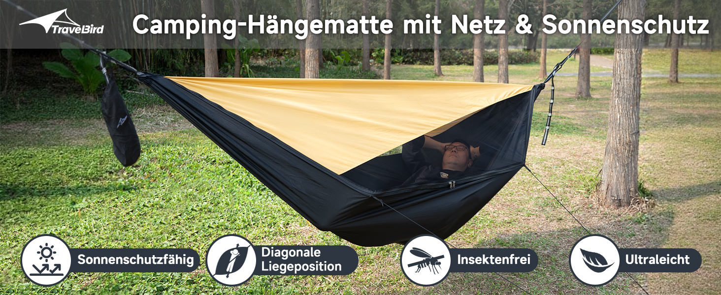 Гамак для кемпінгу з москітною сіткою та стропом, великий на 2 особи, 290 x 140 см, швидко розкладається, ультралегкий, армійний/зелений колір