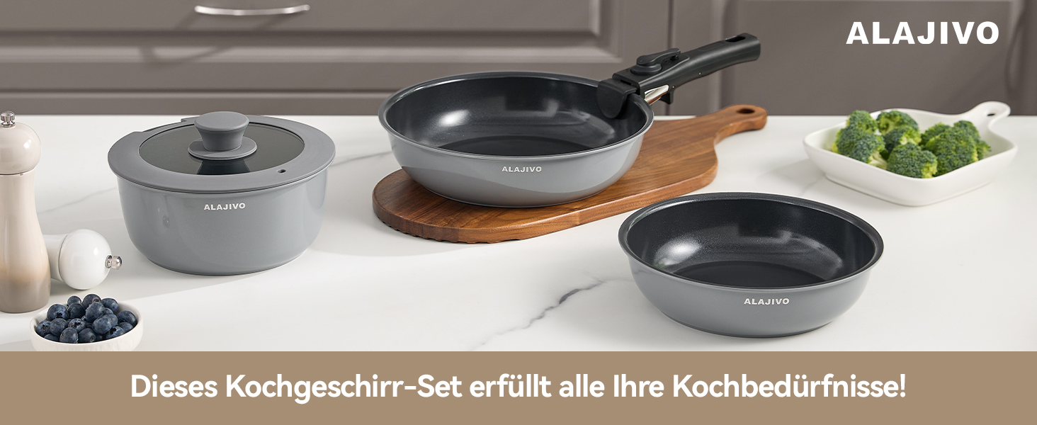 Набір посуду 9-ти частинний з знімним ручками, антипригарне покриття, керамічна сковорода, набір каструль з кришками, для всіх типів плит, безпечний у духовці (сірий)