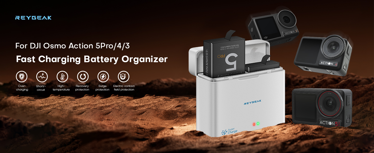 Акумулятор та зарядний пристрій для DJI Osmo Action 5 Pro/4/3: 2 шт. акумулятори, швидка зарядка PD, 2100 mAh