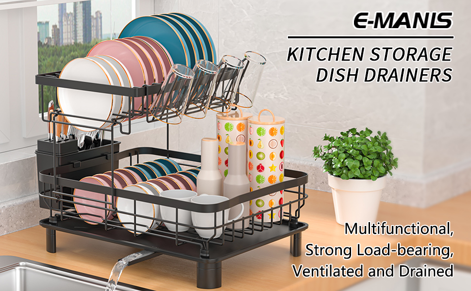 Сушарка для посуду E-MANIS з дренажною платформою, двошарова, з тримачем для столових приборів та чашок, чорна