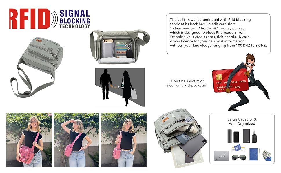 Чорна сумка-перехресна W&G Traveler з RFID захистом, відділенням для ноутбука 13 дюймів, кишенями для телефону та документів, та тримачем для пляшки води