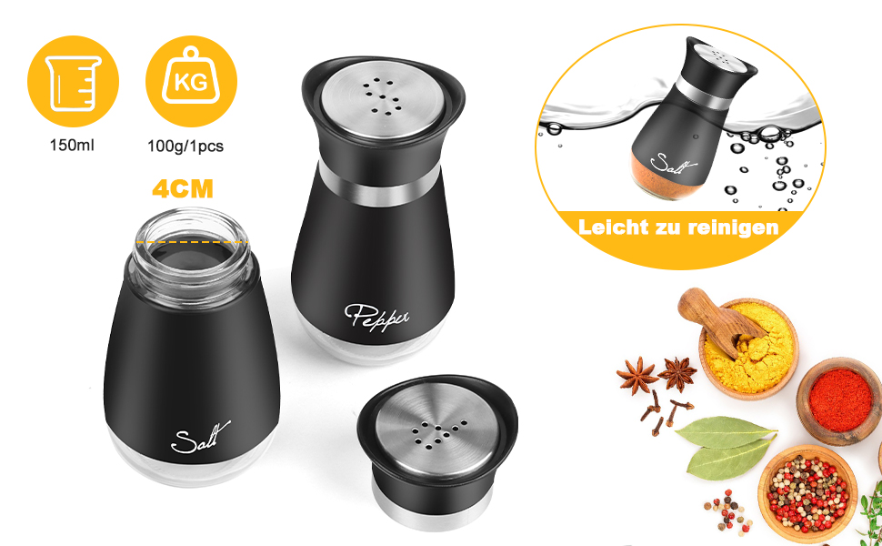 Набір для солі та перцю з нержавіючої сталі, скляне дно, чорний колір, для кухні, грилю, BBQ, кемпінгу