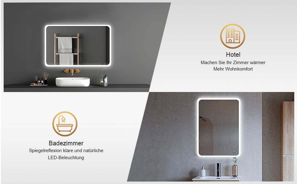 LED дзеркало для ванної кімнати з підсвічуванням 70x50 см, холодне біле світло 6000K, енергозберігаюче, настінне