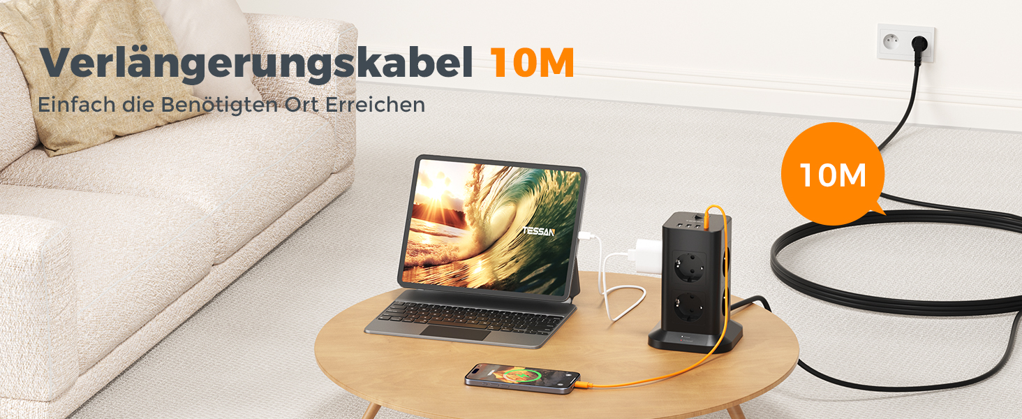 Багатофункціональна мережева розетка TESSAN з 8 розеток, 2 USB-C, захистом від перенапруги, вимикачем та кабелем 2м (3600W)