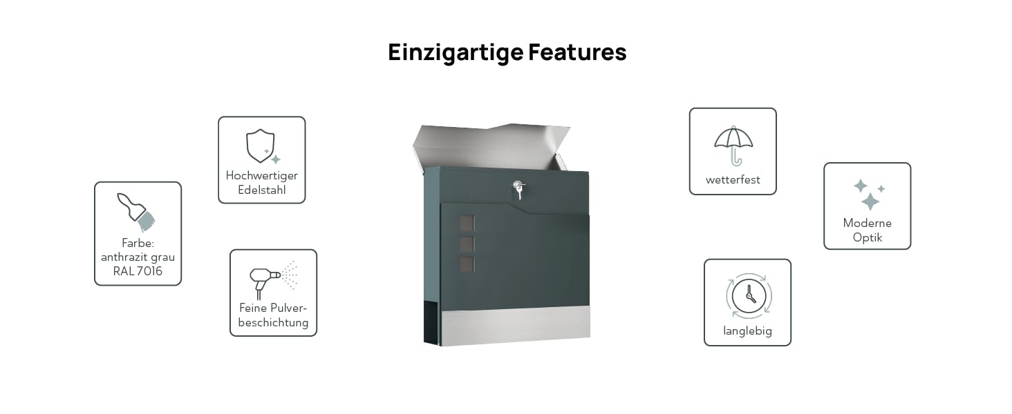 Поштовий ящик антрацит RAL 7016 Svenja з написом та газетницею - сталевий порошково-пофарбований, з 3 вікнами огляду