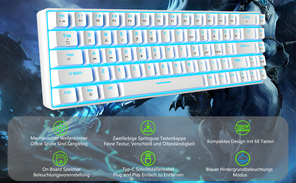 RGB ігровий комплект клавіатури та миші: компактна клавіатура 68 клавіш з червоним перемикачем, миша 6400DPI з програмуванням, сумісна з Windows, Mac, PS4, білий (BlueSwitch CoolBlue Backlit Keyboard White + Green Mouse)