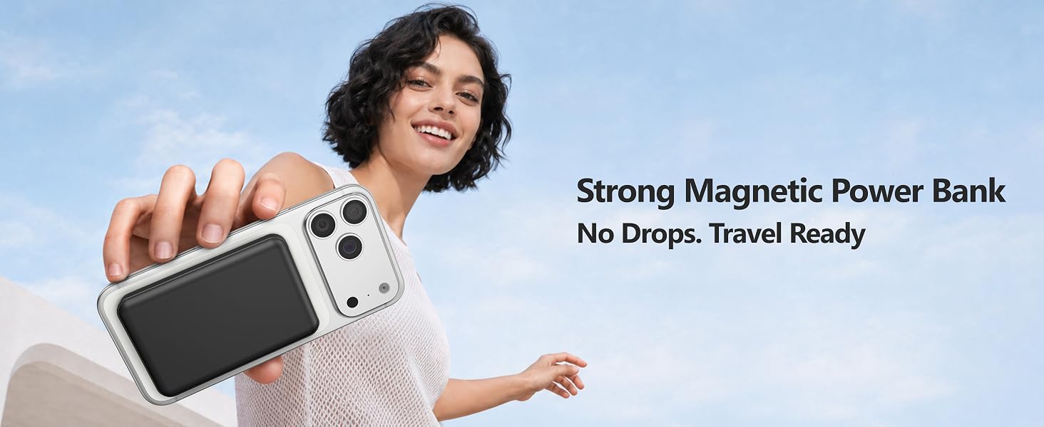 Бездротовий Power Bank AOGUERBE MagSafe 10000mAh, зовнішній акумулятор з магнітним кріпленням, швидка зарядка 22.5W, USB-C, для iPhone 17/16/15/14/13/12 Pro Max (Чорний)
