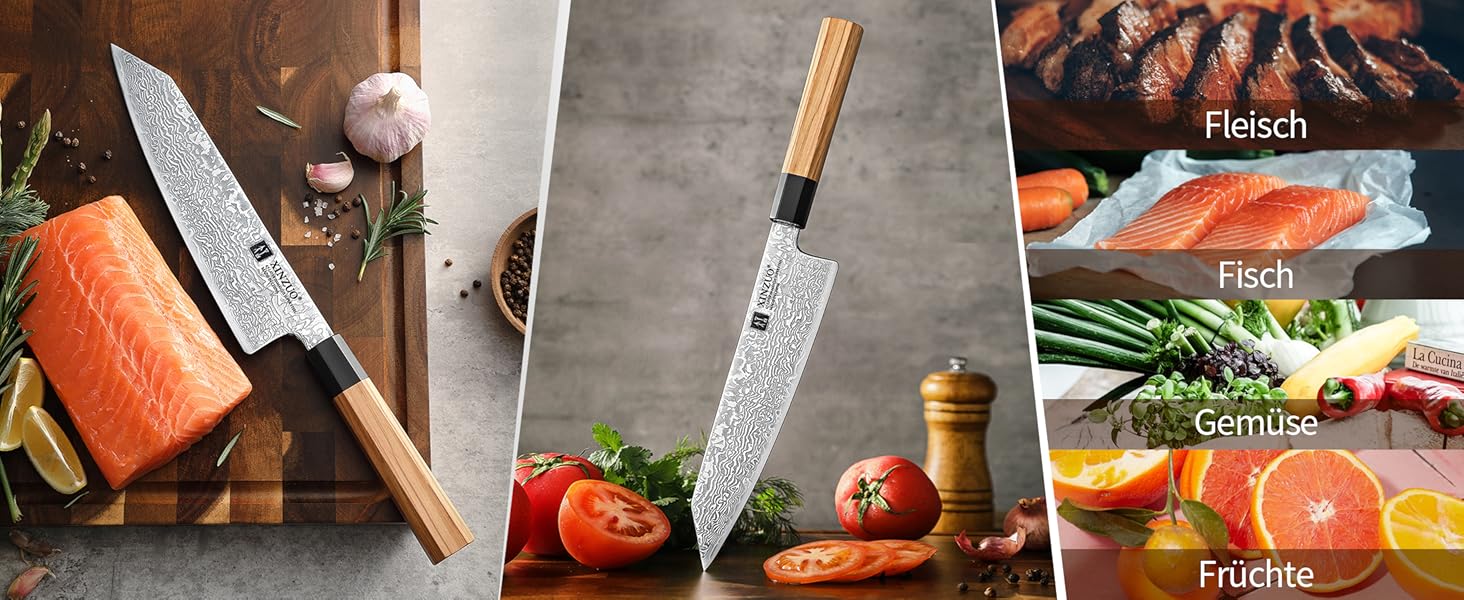 Японський ніж Kiritsuke XINZUO з дамаської сталі, 21.5 см, Gyuto, ручка з оливкового дерева та чорного рогу буйвола, ручна робота, з піхвою