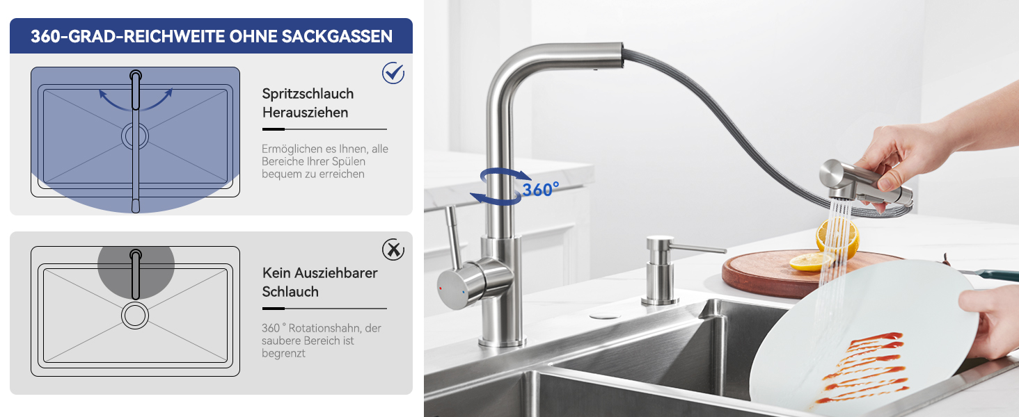 Змішувач кухонний Sofetiy висувний з душем, нержавіюча сталь, 360° поворот, одноlever, 2 режими струменя