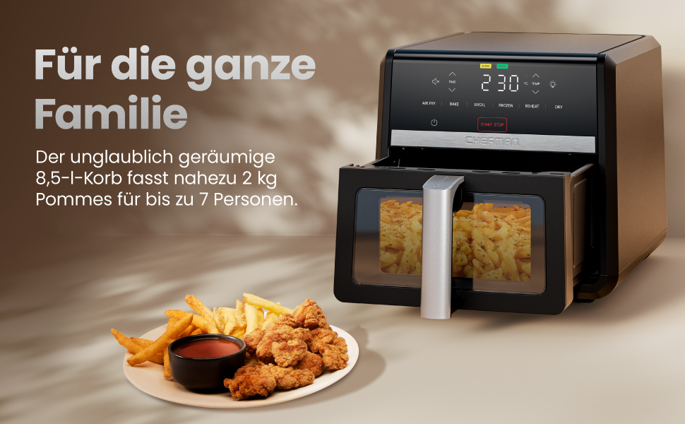 Фритюрниця електрична Chefman TurboFry 8.5л 6-в-1 з оглядовим вікном, чорна - аерофритюрниця, духовка, гриль