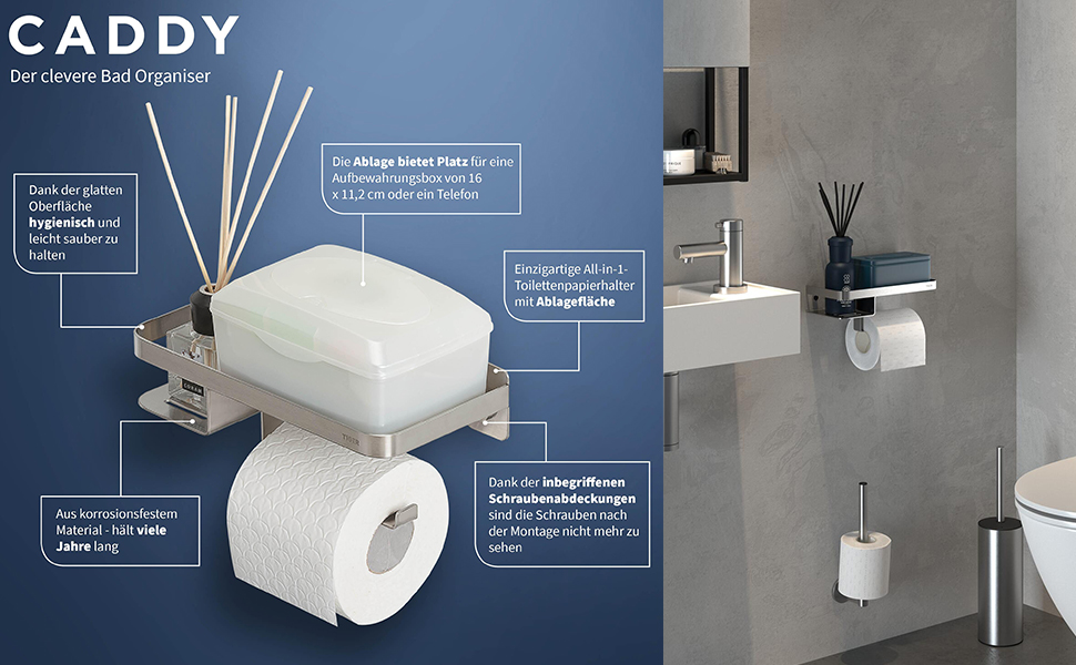 Тримач для туалетного паперу Tiger Caddy з полицею для смартфона та вологих серветок, настінний, матова нержавіюча сталь, 24 x 10 x 11,6 см