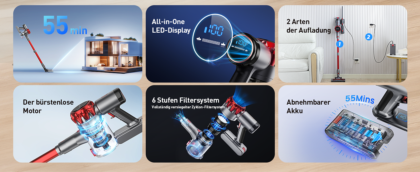 Бездротовий пилосос 40000Pa з акумулятором, 55 хв роботи, сенсорний екран та щітка Anti-Tangle, для твердих поверхонь, килимів, шерсті тварин