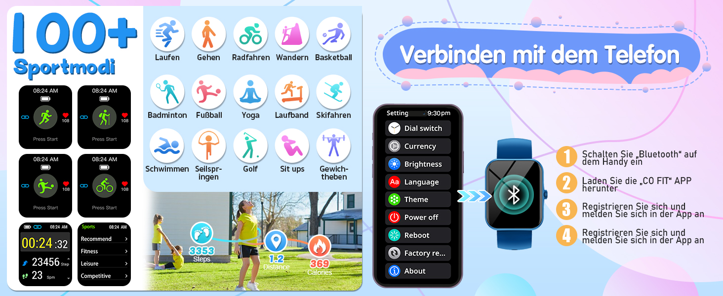 Дитячий розумний годинник Kinder Sport Fitness для дівчаток та хлопчиків з крокомером, 100+ спортивних режимів, будильником, іграми, секундоміром, повідомленнями, активним трекером для підлітків 5-16 років, чорний