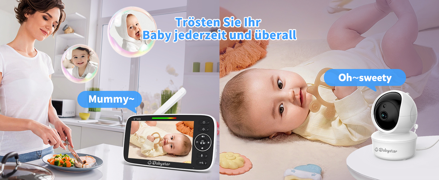 Дитячий відеоняня Babystar з камерою, 5 дюймів, 720P HD, без Wi-Fi, акумулятор 4000 mAh, Vox-функція, датчик температури, нічне бачення, 2-сторонній аудіо