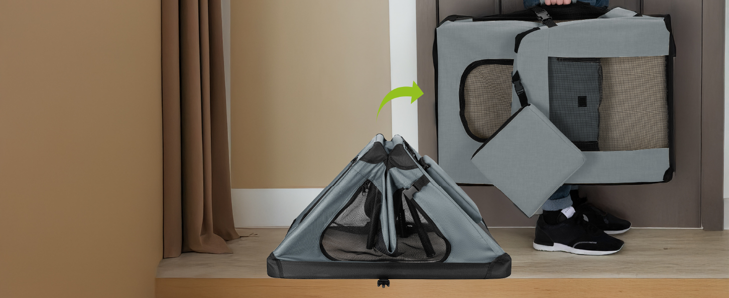 Juskys Collapsible Dog Carrier Box - Portable Travel Crate for Dogs, Cats & Pets - Oxford Fabric, Includes Blanket, Pouch & Handles - Grey, 50x34x36 cm