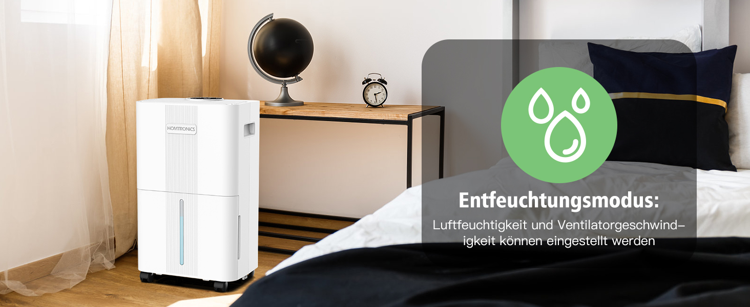 Електричний осушувач повітря Homtronics з гофрованим шлангом 1м, інтел. контроль вологості, 3 режими, таймер 24г, для підвалу, ванної, спальні