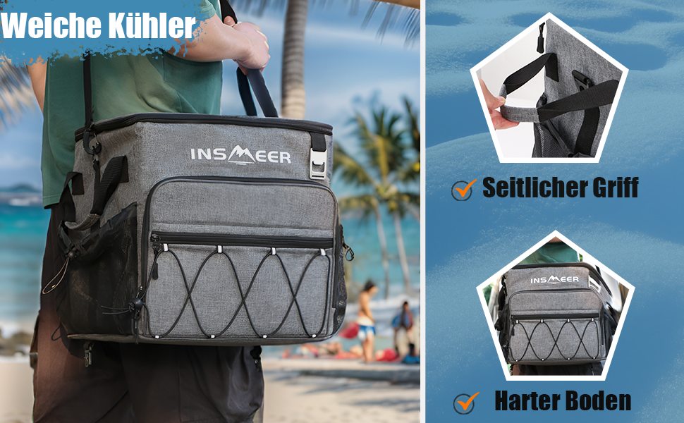 INSMEER Велика термосумка на колесах 40л, 60 банок, водонепроникна, для пляжу, кемпінгу, пікніка, покупок (сіра)