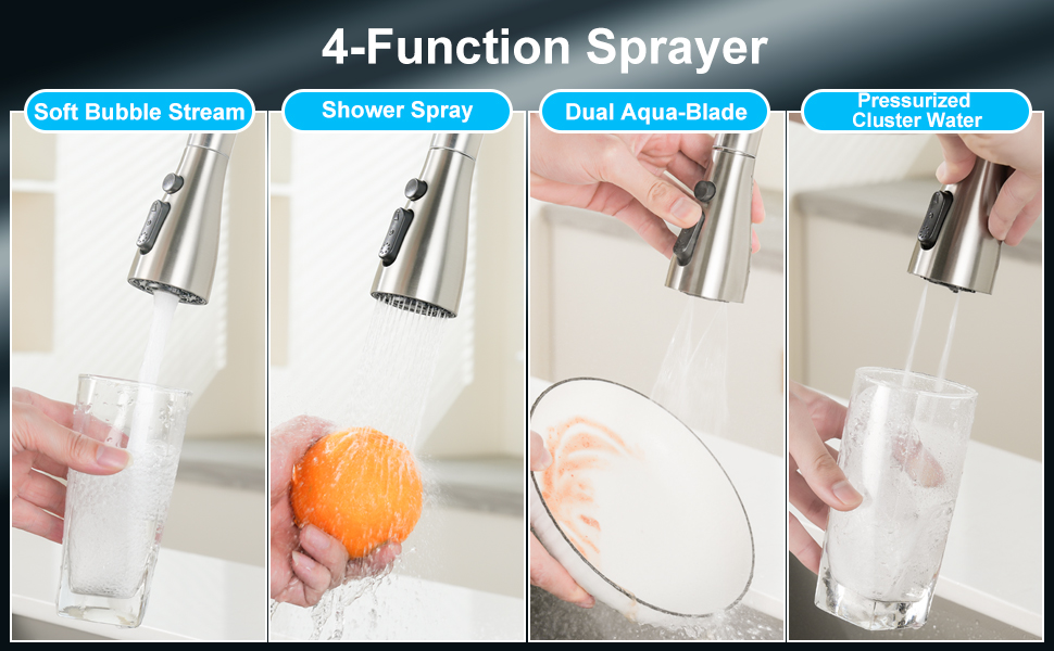 Змішувач для кухні SREWOHS PRO 4 з висувною лійкою, 4 режими розпилення, високий тиск, нержавіюча сталь, 360° обертання, високий вилив, однорідний змішувач, кухонний змішувач з одним отвором (нікель)