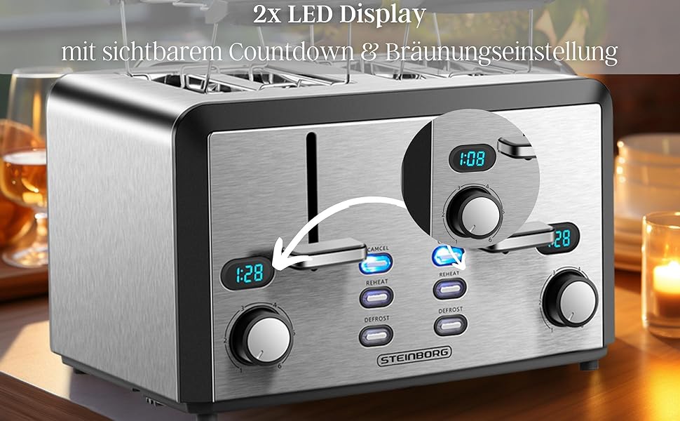 Тостер XXL з 4-ма слотами | Тостер автоматичний, 1600 Вт | Регулятор 6-ти рівнів, підставка для бургерів, функція розморожування, з нержавіючої сталі, LED дисплей