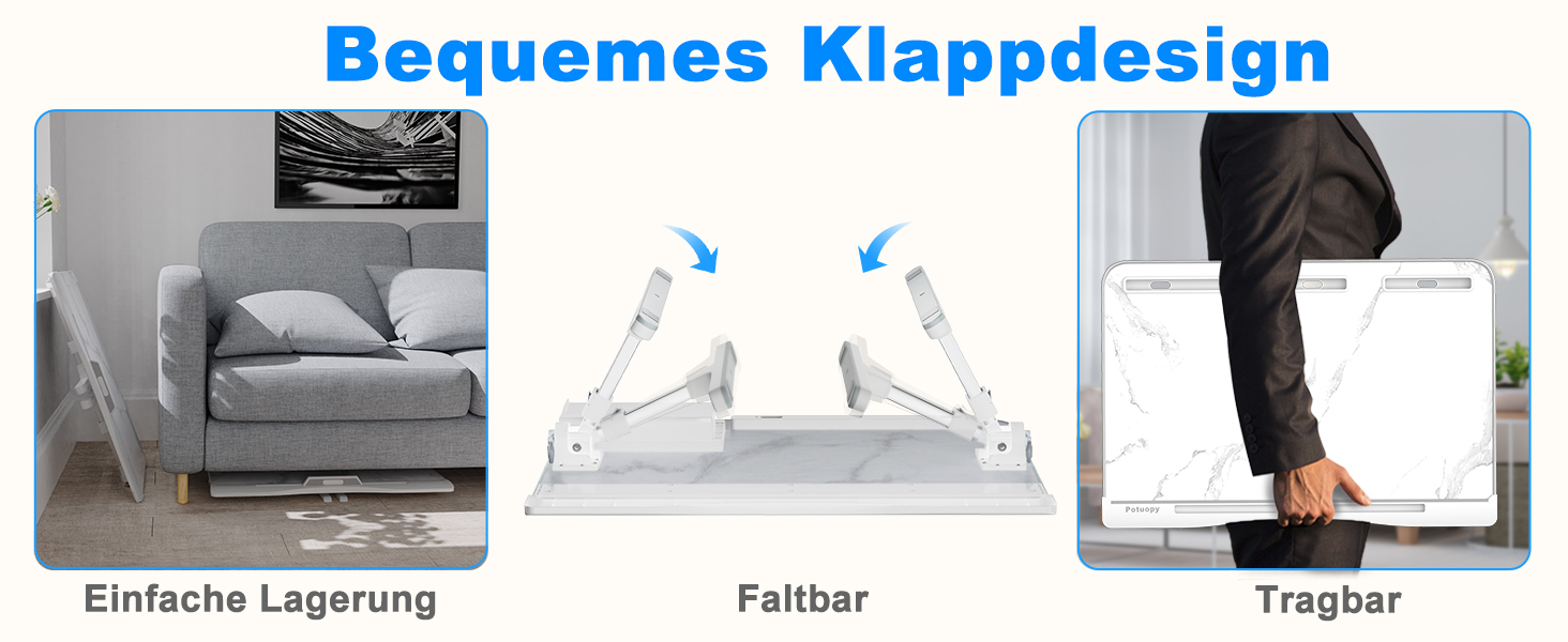 Столик для ноутбука Potuopy з регулюванням висоти та кута нахилу, X-Large, для роботи, читання та їжі на ліжку/софі, 60*40 см, білий мармур