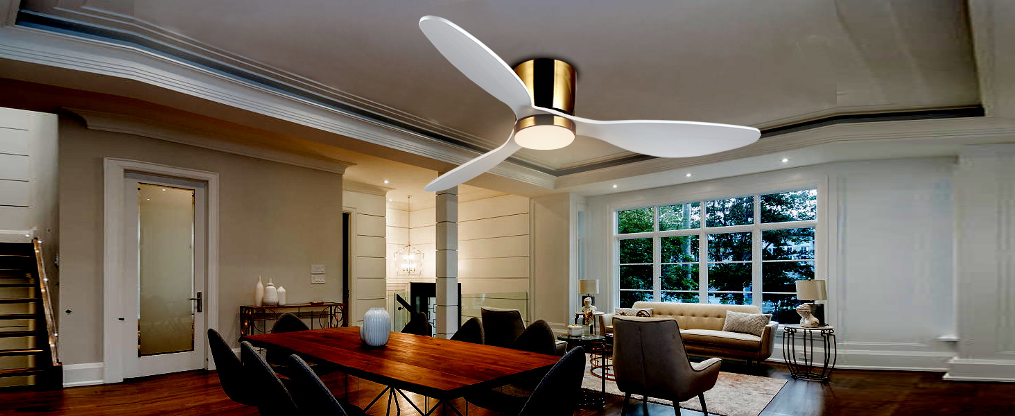 Стеляний вентилятор Reiga з LED-підсвічуванням та пультом керування, 132 см, тихий DC-двигун, 3 колірні температури, 3-лопатевий дизайн з дерева для спальні, вітальні та кухні, білий, монтаж на стелю