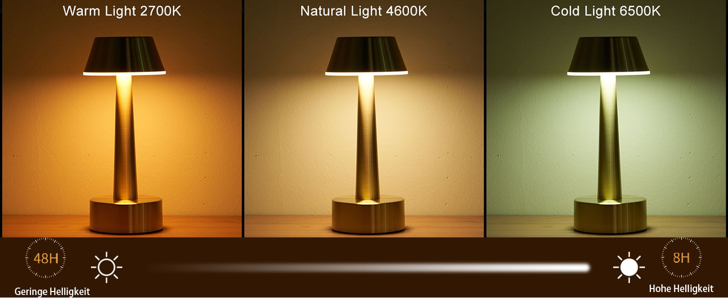 Бездротова лампа OCEST USB, акумуляторна настільна лампа для дому та саду, 3 кольори, сенсорне регулювання яскравості, золота
