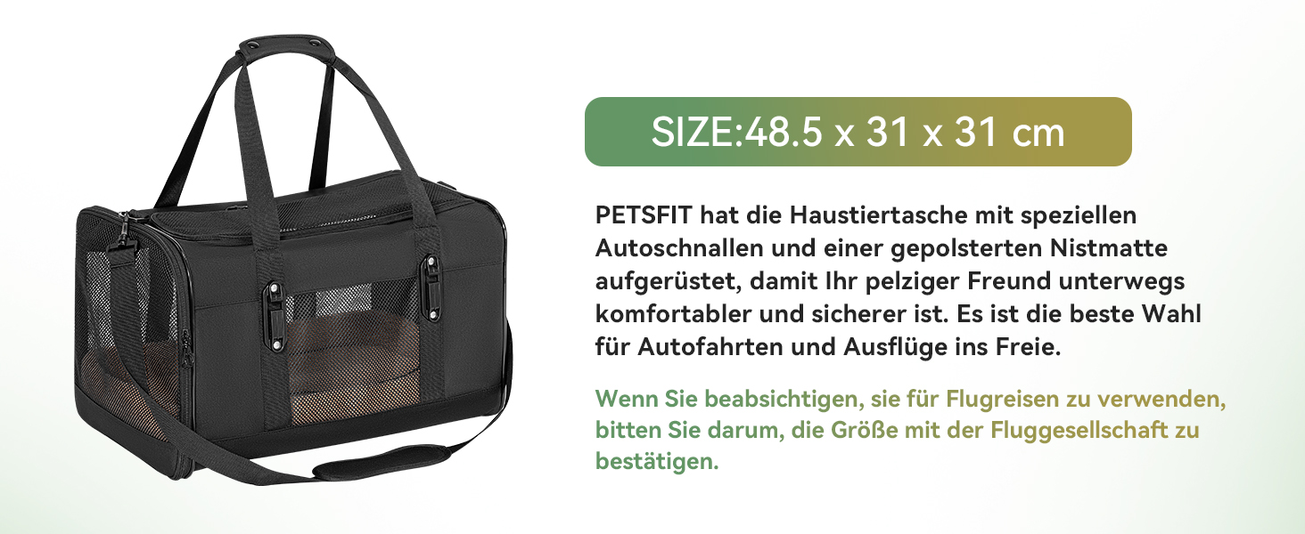 Транспортна переноска для кота та маленького собаки Petsfit, чорна, середнього розміру, з м'яким килимком та патентованими застібками
