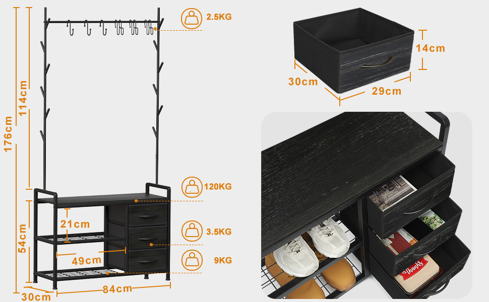 Вішалка для одягу з лавкою Leader Accessories, метал, чорний/чорне дерево, 176x30x84 см