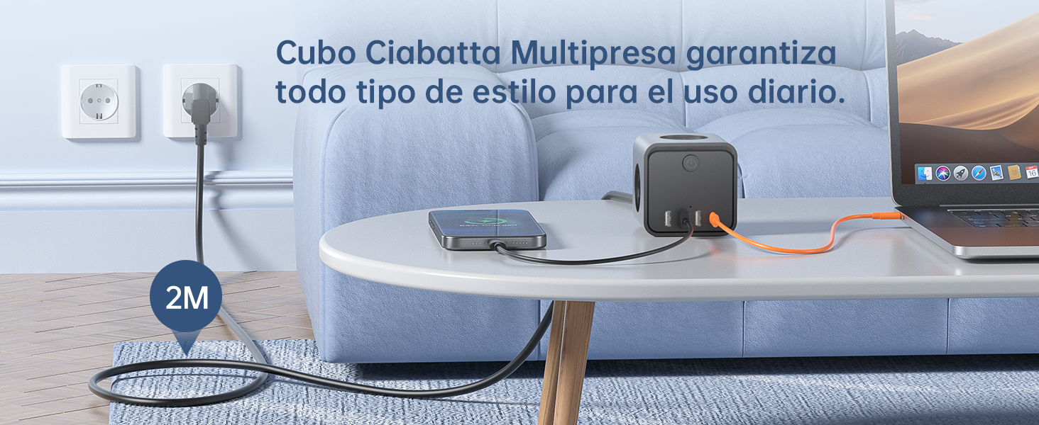 Мережевий фільтр подовжувач 7 в 1 з USB-портами, 3 розетки, з вимикачем, кабель 2 м, чорний — для дому та офісу