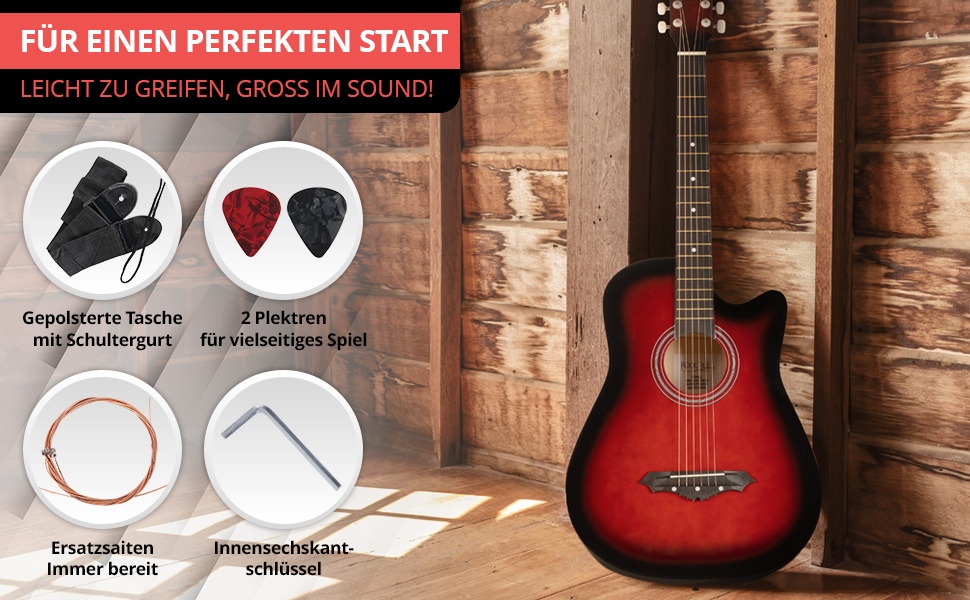 Rocktile WSD-5C-RDB: Акустична гітара Вестерн Slim Line - комплект з чохлом, струнами, ремінком та медіатором. Корпус з липи, гриф з катальпи. Колір: Redburst