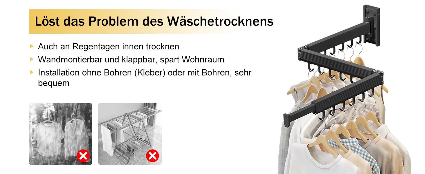Настінна сушилка для білизни розкладна та складна, з алюмінію, 100 кг, з білими гачками (Black-hooks)