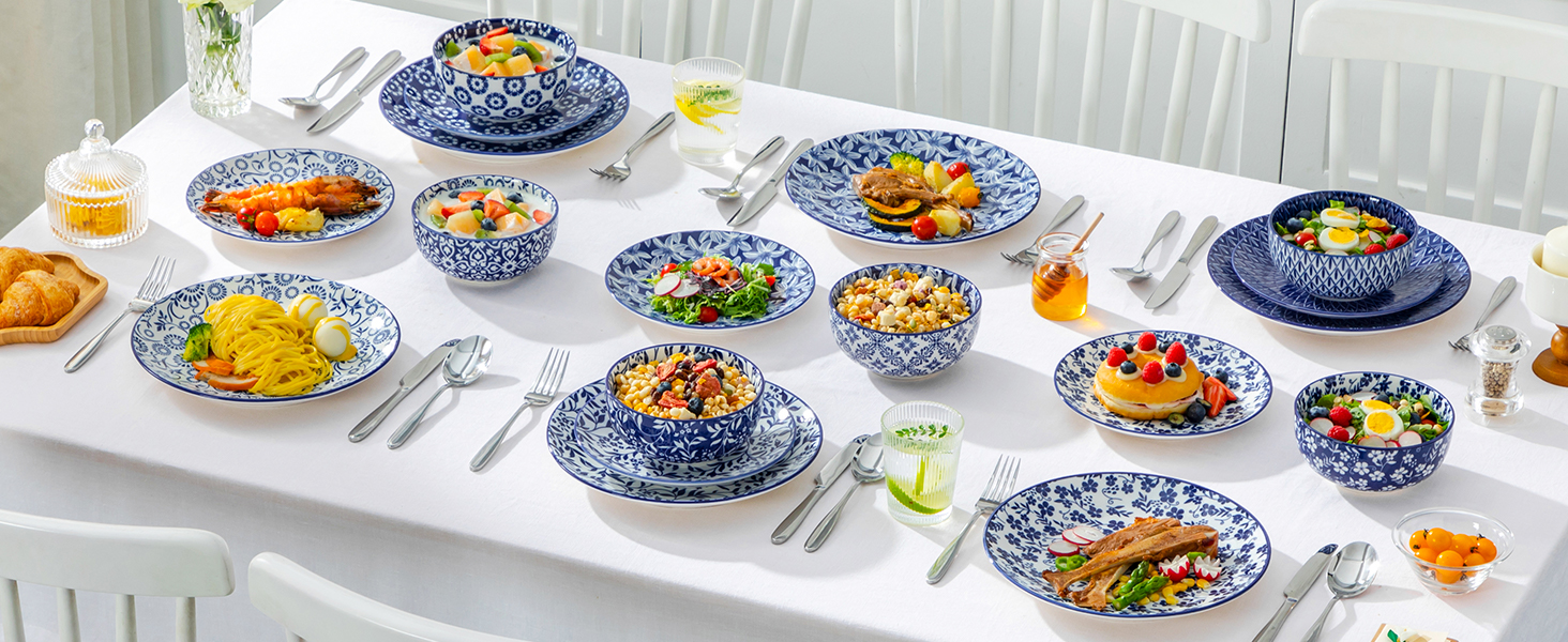 Набір посуду на 6 осіб Vancasso Selene 24-частинний: тарілки, супові тарілки, салатники, миски. Керамічний сервіз з порцеляни, блакитно-білий.