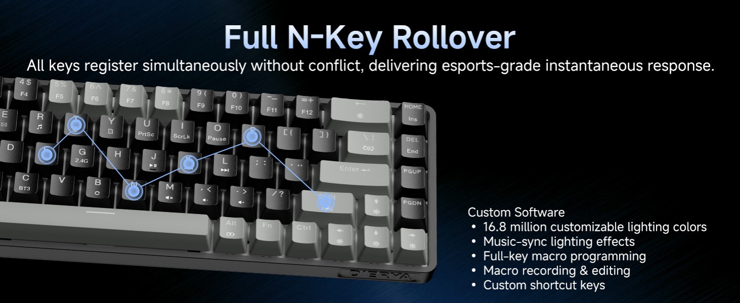 Dierya DK68 - Бездротова ігрова клавіатура з RGB підсвічуванням (68 клавіш, механічні перемикачі Red, QWERTY, Grey-Black)