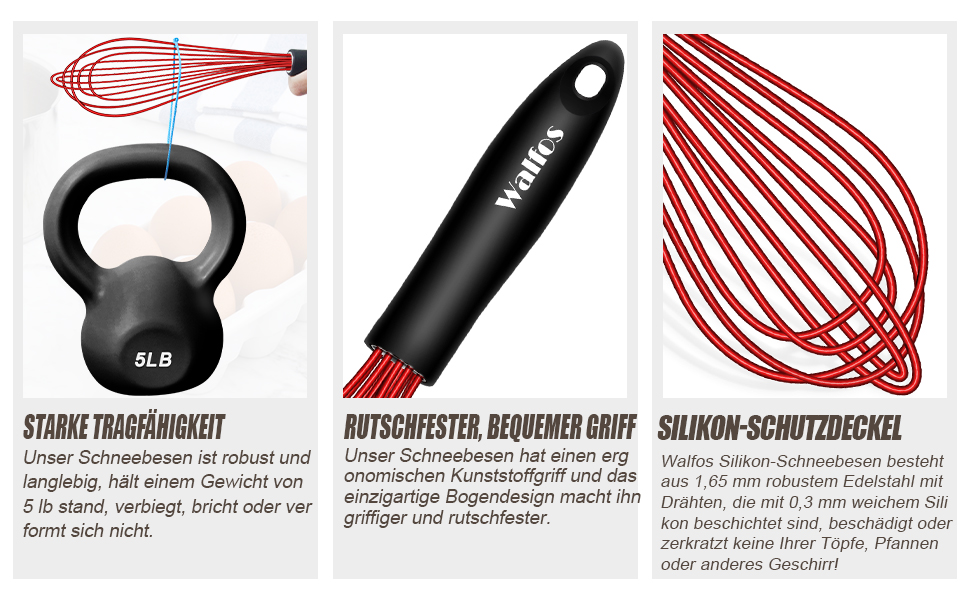 Набір міксерів Walfos 3 шт. з силіконовими вінчиками, червоний, з нержавіючої сталі. Для збивання, змішування та приготування їжі.