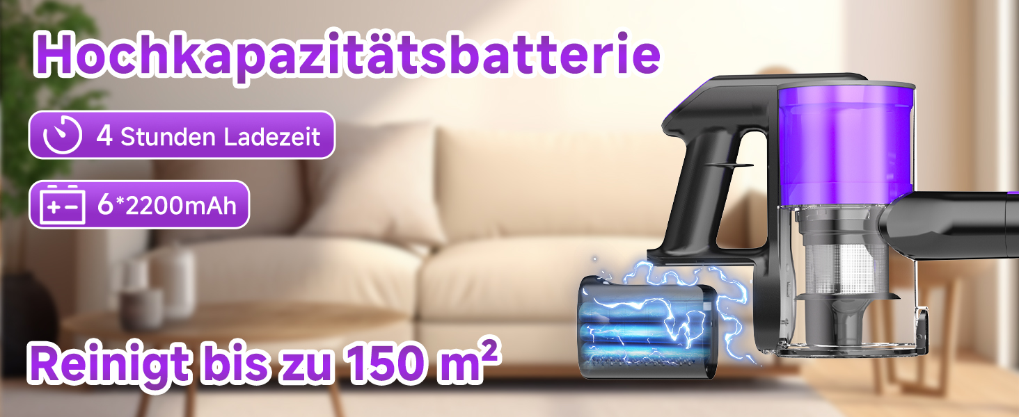 Бездротовий акумуляторний пилосос Hearten 4-в-1 з LED дисплеєм та антизаплутувальною насадкою, сенсорне управління, для видалення шерсті тварин, килимів та твердих поверхонь (фіолетовий)