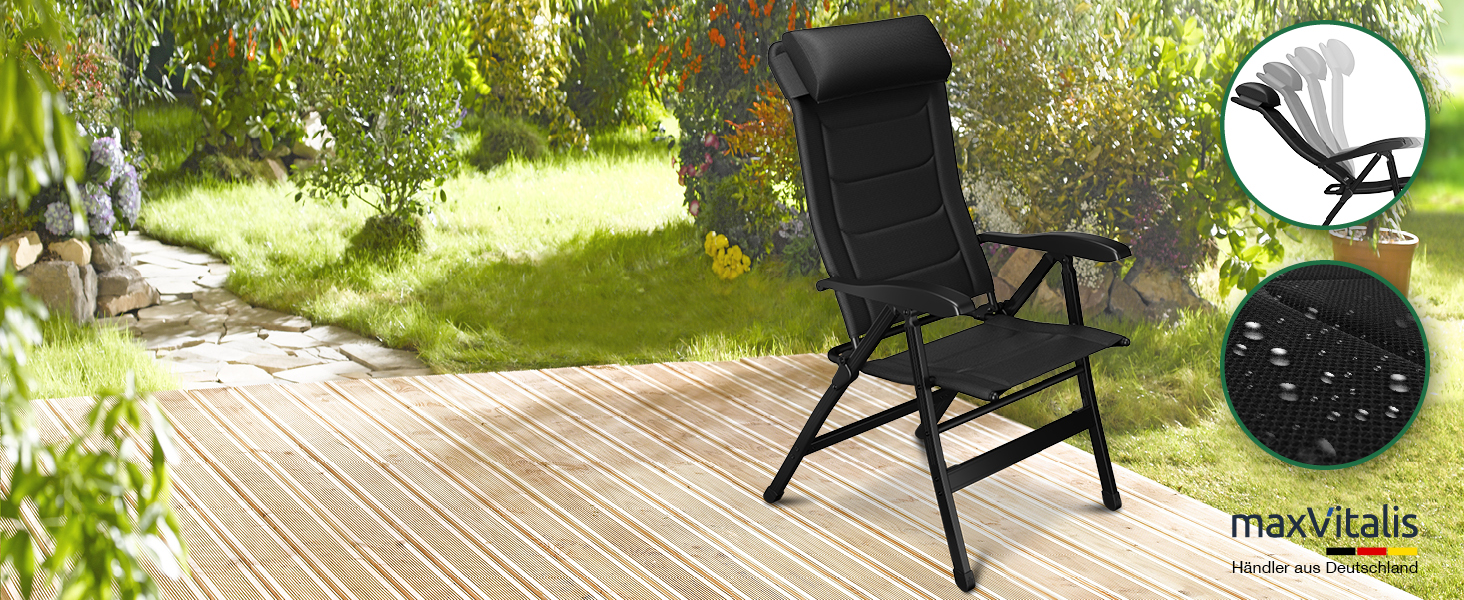 ELONEO Folding Camping Chair with Removable Footrest, Folding Chair Made of Aluminum, Folding Garden Chair, Reclining Chair with Adjustable Backrest, Camping Chair (Folding Chair with Footrest (with Premium Cushion), Black)