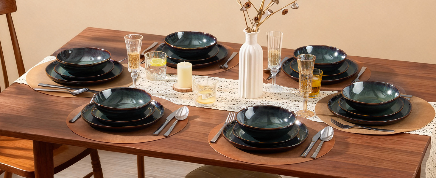 Сервіз Joyfair на 6 осіб, 18 предметів, кераміка, набір посуду, тарілки для їжі, десертні тарілки, миски для каші, сумісний з мікрохвильовою піччю та посудомийною машиною, колір Тандра Грін