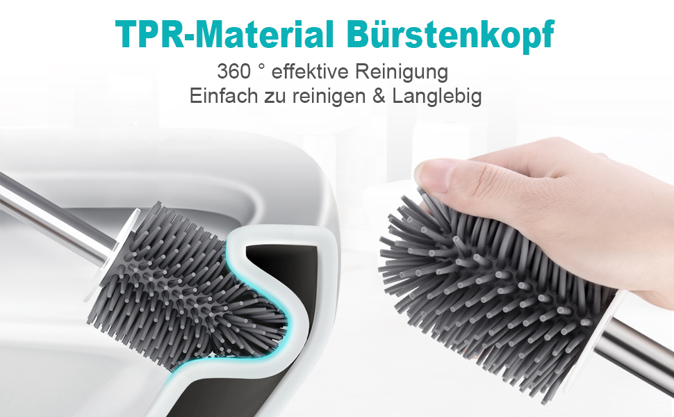 Набір для туалету: щітка з тримачем Silikon, довга ручка, швидке висихання, для ванної кімнати/гостьового WC, монтаж на стіну/стоячи (білий & чорний)