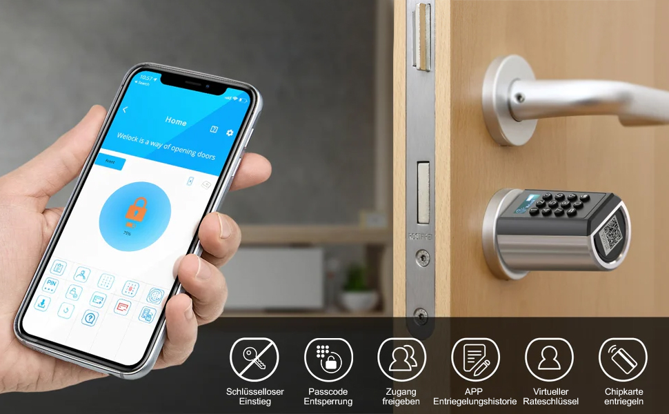 Електронний дверний циліндр WELOCK PCB41 з кодовим замком, RFID-карткою, Wi-Fi, APP-керуванням, для дверей 50-100 мм, IP65, легкий монтаж