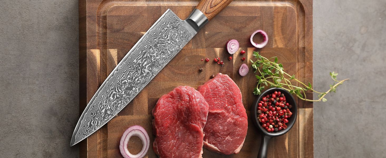 Ніж кухарський Wakoli EDIB Pro з дамаської сталі (серцевина VG10), 20 см - гострий та збалансований, з ручкою з паккавуду в подарунковій коробці - кухонний ніж з дамаску для професійних та аматорських кухарів, срібний